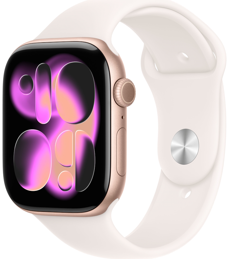 Часы Apple Watch Series 11, 46 мм, корпус из алюминия цвета «розовое золото», спортивный ремешок цвета «светлый румянец», размер S/M (MEV64) Часы Apple Watch Series 11, 46 мм, корпус из алюминия цвета «розовое золото», спортивный ремешок цвета «светлый румянец», размер S/M (MEV64)