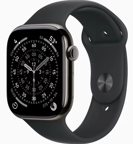 Часы Apple Watch Series 11 Cellular, 46 мм, корпус из титана грифельного цвета, спортивный ремешок чёрного цвета, размер M/L (MFD24)