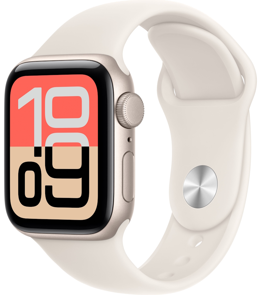 Часы Apple Watch SE 3 2025, 40 мм, корпус из алюминия цвета «сияющая звезда», спортивный ремешок цвета «сияющая звезда», размер M/L (MEH54)