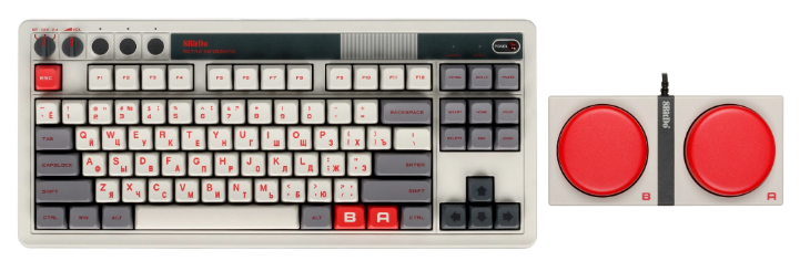 Клавиатура механическая проводная + беспроводная 8BitDo Retro Mechanical Keyboard - N Edition, 92 клавиши (серый, русская раскладка) + 2 спец.клавиши