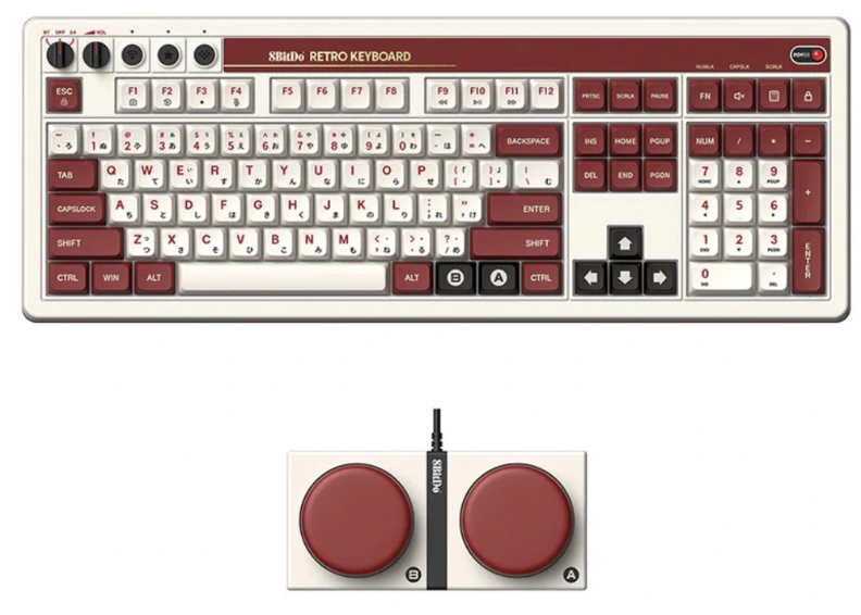 Клавиатура механическая проводная + беспроводная 8BitDo Retro Mechanical Keyboard - Fami Edition 108 клавиш (красный, русская раскладка) + 2 спец.клавиши