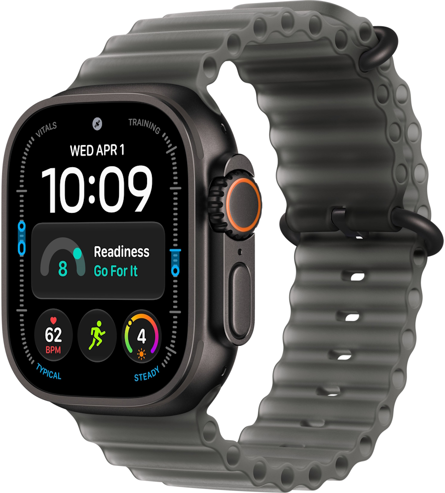 Часы Apple Watch Ultra 4 Cellular, 49 мм, корпус из титана чёрного цвета, ремешок Ocean полупрозрачного чёрного цвета (MJAY4)