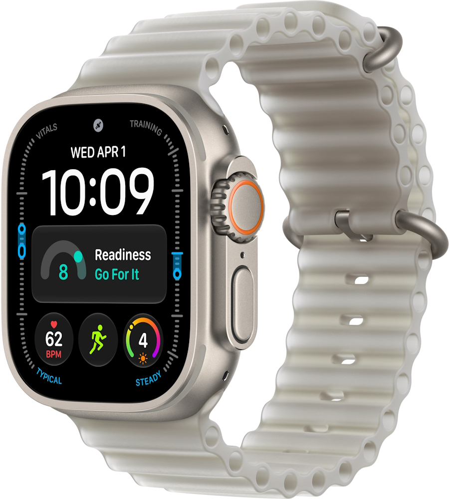 Часы Apple Watch Ultra 4 Cellular, 49 мм, корпус из титана натурального цвета, ремешок Ocean полупрозрачного серого цвета (MJAD4)