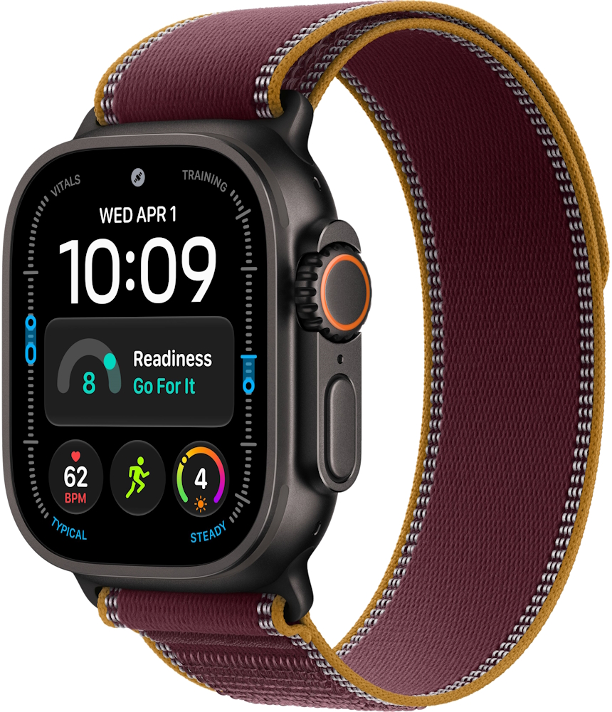 Часы Apple Watch Ultra 4 Cellular, 49 мм, корпус из титана чёрного цвета, браслет Trail бордового цвета, размер S/M (MJC34)