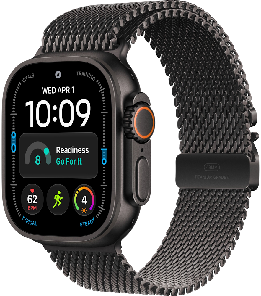 Часы Apple Watch Ultra 4 Cellular, 49 мм, корпус из титана чёрного цвета, миланский браслет чёрного цвета, размер L (MJAX4)