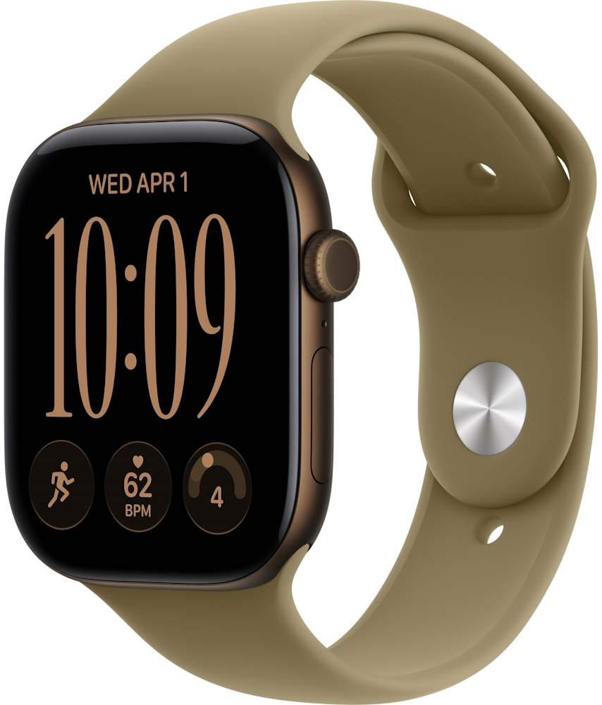 Часы Apple Watch Series 12 Cellular, 46 мм, корпус из алюминия цвета «тёмная бронза», спортивный ремешок оливкового цвета, размер M/L (MJGE4)