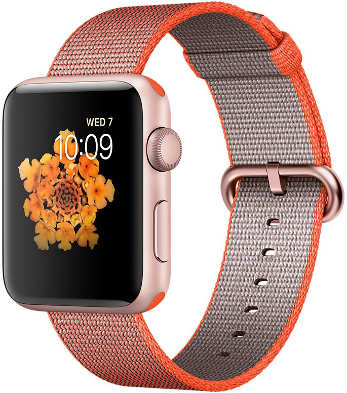 Apple Watch Series 2, 42 мм алюминий цвета «розовое золото», ремешок из плетёного нейлона цвета «оранжевый космос/антрацит» (MNPM2)