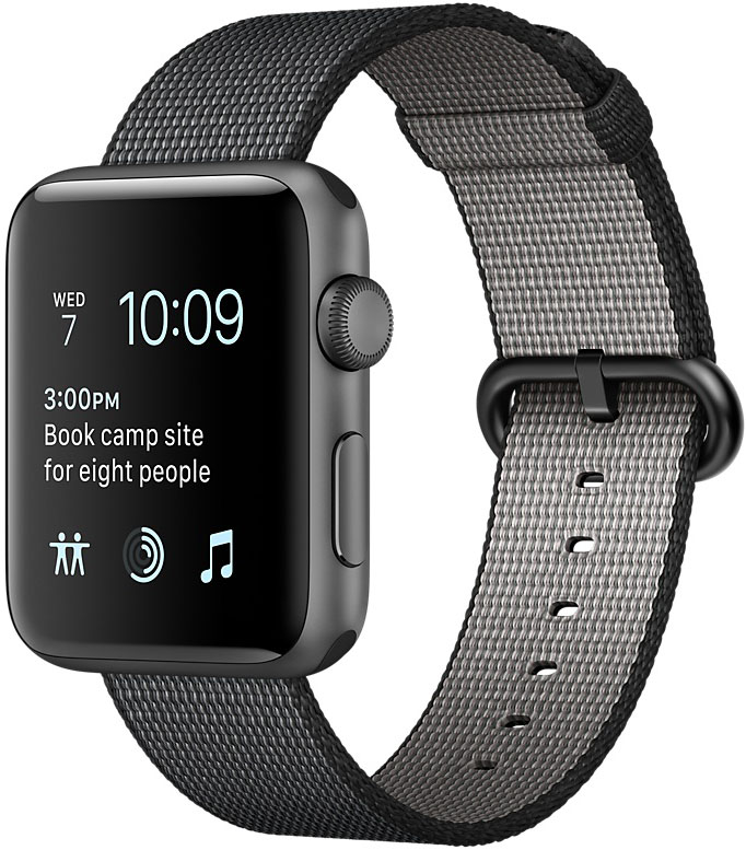 Apple Watch Series 2, Корпус 38 мм из алюминия цвета «серый космос», ремешок из плетёного нейлона чёрного цвета (MP052)