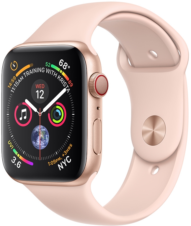 Apple Watch Series 4 Cellular, 44 мм, корпус из алюминия золотого цвета, спортивный ремешок цвета «розовый песок» (MTV02)