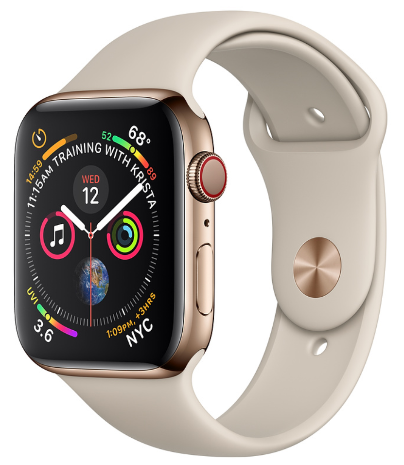 Apple Watch Series 4 Cellular, 40 мм, корпус из нержавеющей стали золотого цвета, спортивный ремешок цвета камня (MTUR2)