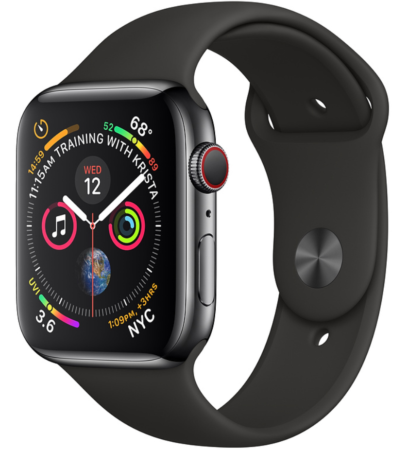 Apple Watch Series 4 Cellular, 40мм, корпус из нержавеющей стали цвета «черный космос», спортивный ремешок чёрного цвета (MTUN2)