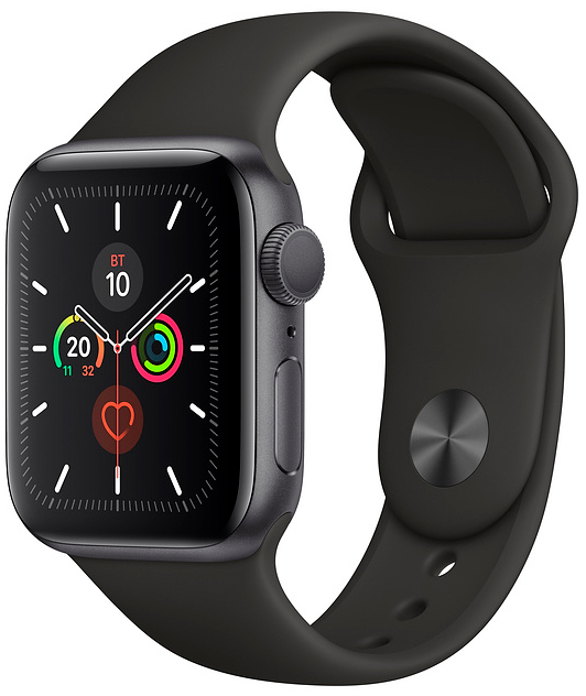 Apple Watch Series 5, 40 мм, корпус из алюминия цвета «серый космос», спортивный ремешок чёрного цвета (MWV82) активированные