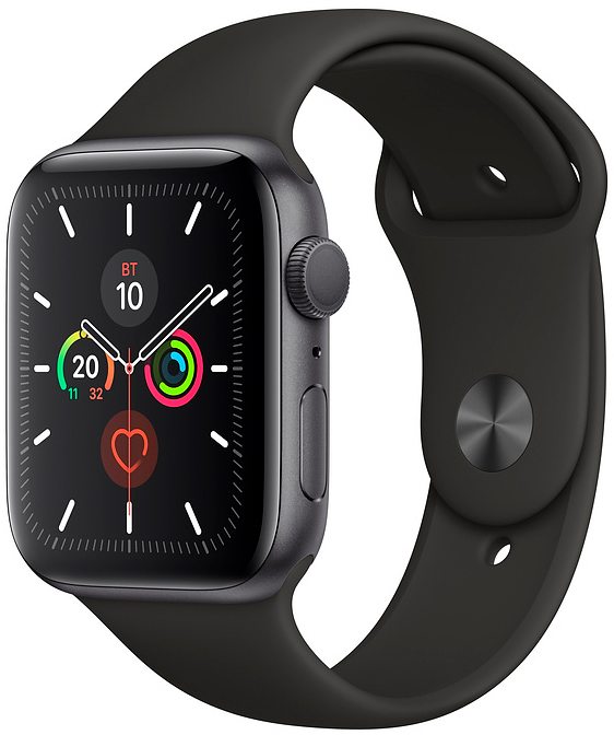 Часы Apple Watch Series 5, 44 мм, корпус из алюминия цвета «серый космос», спортивный ремешок чёрного цвета (MWVF2)