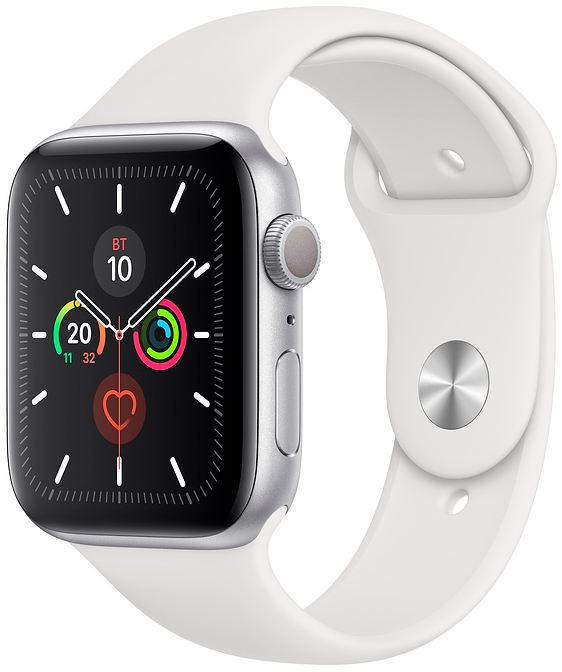 Часы Apple Watch Series 5, 44 мм, корпус из алюминия серебристого цвета, спортивный ремешок белого цвета (MWVD2)
