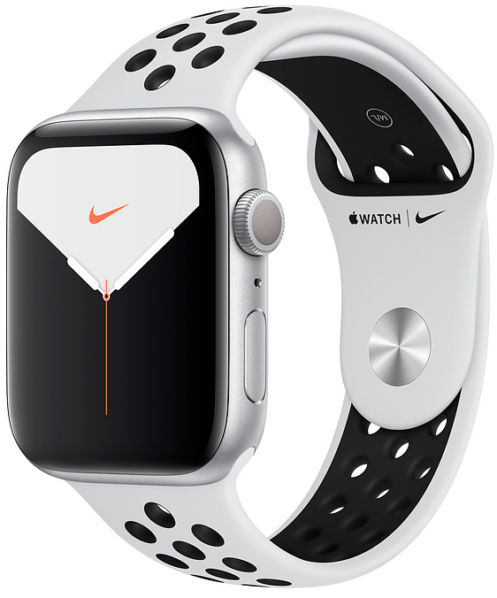 Apple Watch Nike Series 5, 44 мм, корпус из алюминия серебристого цвета, спортивный ремешок Nike цвета «чистая платина/чёрный» (MX3V2)