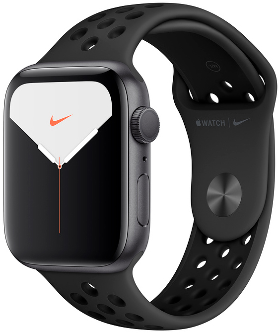 Apple Watch Nike Series 5, 44 мм, корпус из алюминия цвета «серый космос», спортивный ремешок Nike цвета «антрацитовый/чёрный» (MX3W2)