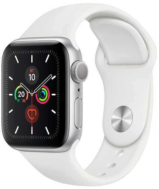 Часы Apple Watch Series 5, 40 мм, корпус из алюминия серебристого цвета, спортивный ремешок белого цвета (MWV62)