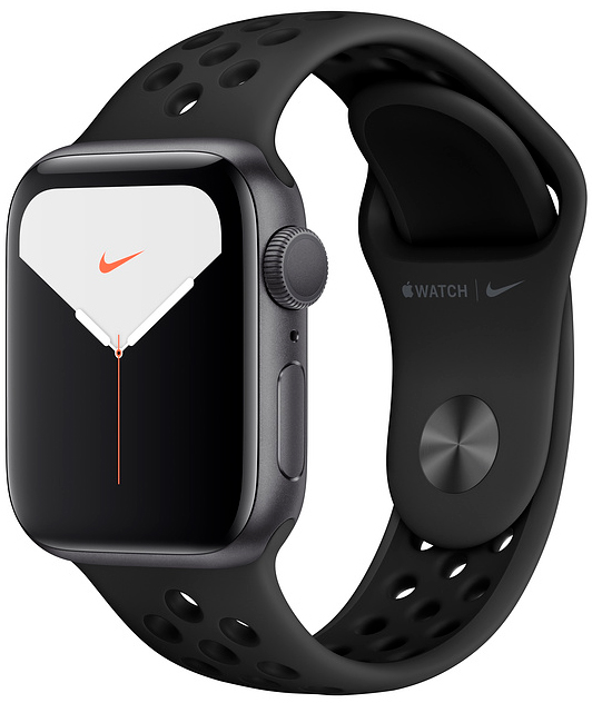 Apple Watch Nike Series 5, 40 мм, корпус из алюминия цвета «серый космос», спортивный ремешок Nike цвета «антрацитовый/чёрный» (MX3T2)