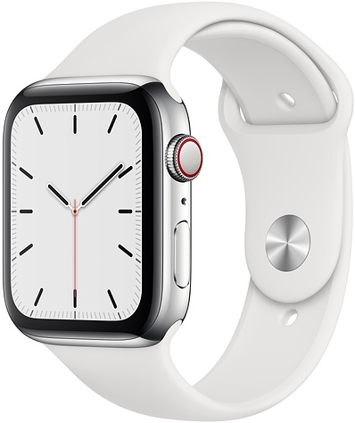Apple Watch Series 5 Cellular, 44 мм, корпус из нержавеющей стали, спортивный ремешок белого цвета (MWW22)