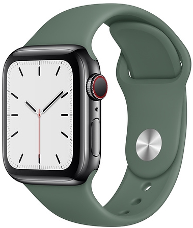 Apple Watch Series 5 Cellular, 44 мм, корпус из нержавеющей стали цвета «черный космос», спортивный ремешок цвета «сосновый лес» (MWQQ2)