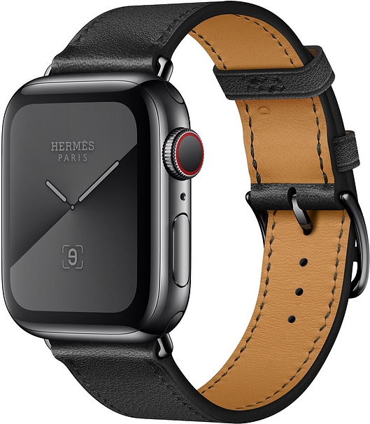 Apple Watch Series 5 Cellular, 44 мм, корпус из нержавеющей стали цвета «черный космос», ремешок Hermès Simple Tour из кожи Swift цвета Noir (MWW92)