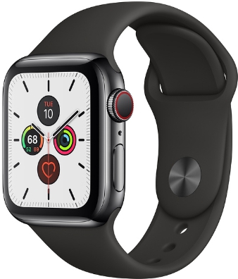 Apple Watch Series 5 Cellular, 40 мм, корпус из нержавеющей стали цвета «черный космос», спортивный ремешок чёрного цвета