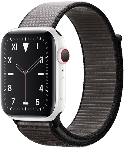 Apple Watch Series 5 Cellular, 44 мм, корпус из керамики белого цвета, спортивный браслет цвета «темный графит» (MWQU2)