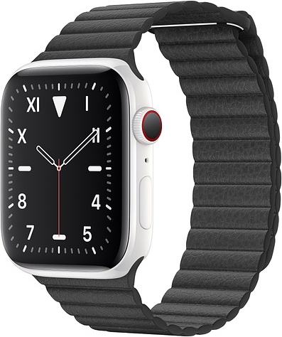 Apple Watch Series 5 Cellular, 44 мм, корпус из керамики белого цвета, кожаный ремешок черного цвета (MWQU2)