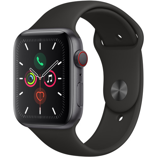 Часы Apple Watch Series 5 GPS + Cellular, 44 мм, корпус из алюминия цвета «серый космос», спортивный ремешок чёрного цвета (MWW12)