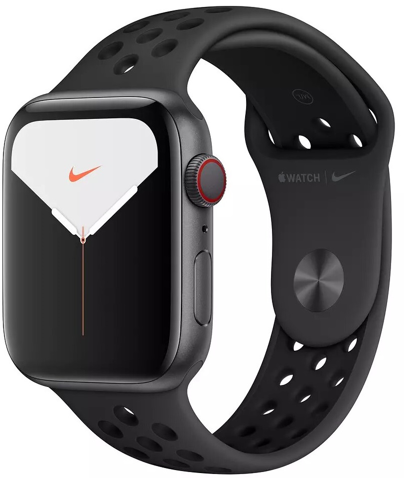 Apple Watch Nike Series 5 Cellular, 44 мм, корпус из алюминия цвета «серый космос», спортивный ремешок Nike цвета «антрацитовый/чёрный» (MX3A2)