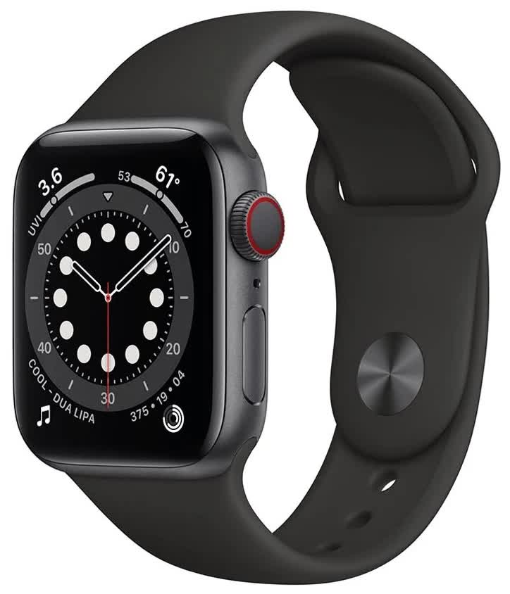Часы Apple Watch Series 6 Cellular, 40 мм, корпус из алюминия цвета «серый космос», спортивный ремешок чёрного цвета (M02Q3)