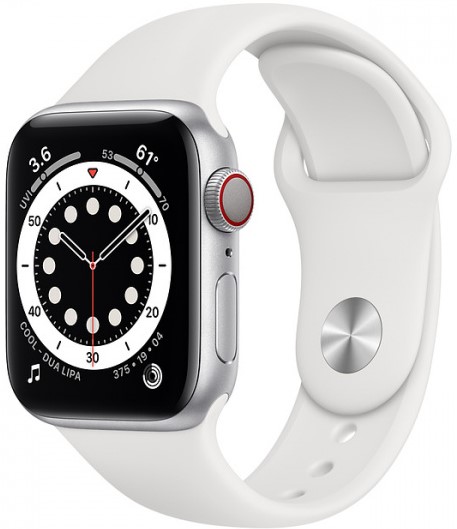 Часы Apple Watch Series 6 Cellular, 44 мм, корпус из алюминия цвета «серебристый», спортивный ремешок белого цвета (M03F3)