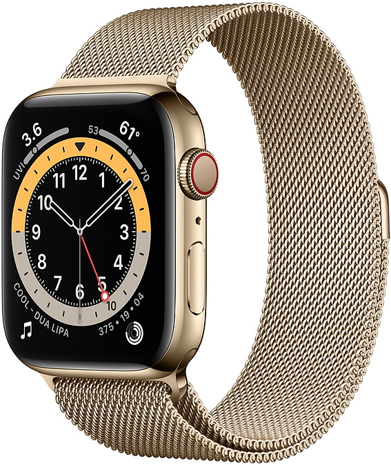 Apple Watch Series 6 Cellular, 44 мм, корпус из нержавеющей стали золотого цвета, миланский сетчатый браслет золотого цвета (M07P3)