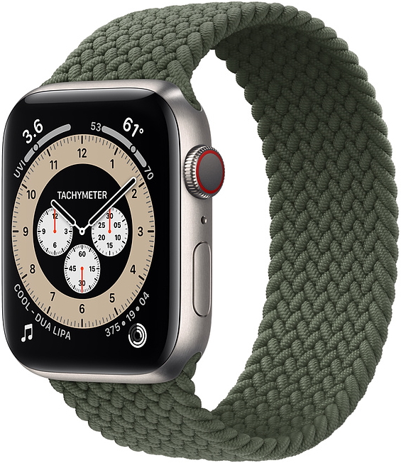 Apple Watch Edition Series 6 Cellular, 44 мм, корпус из титана, плетёный монобраслет цвета «зелёные холмы» (M0GJ3 + MY832)