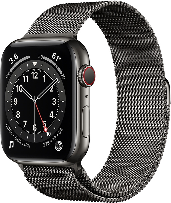 Apple Watch Series 6 Cellular, 40 мм, корпус из нержавеющей стали графитового цвета, миланский сетчатый браслет графитового цвета (MG2U3)