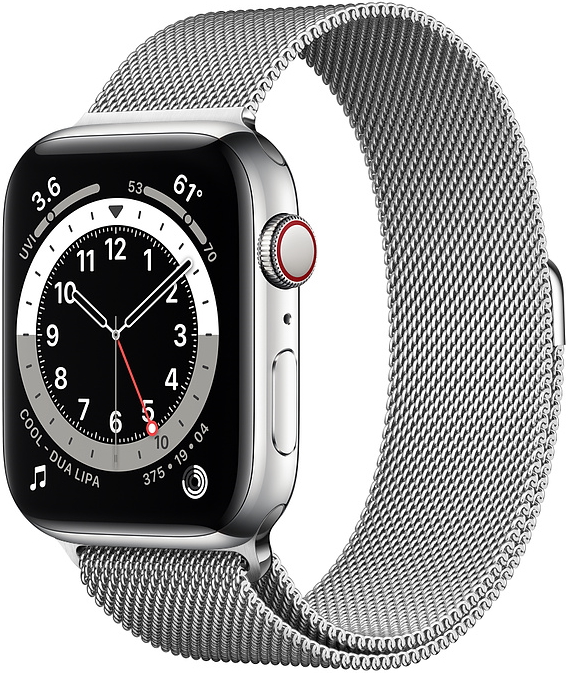 Apple Watch Series 6 Cellular, 40 мм, корпус из нержавеющей стали серебристого цвета, миланский сетчатый браслет серебристого цвета (M02V3)