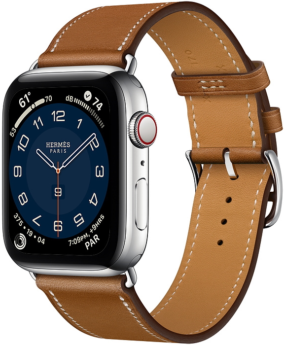 Apple Watch Hermès Series 6 Cellular, 40 мм, корпус из нержавеющей стали серебристого цвета, ремешок Hermès Simple Tour из кожи Barénia цвета Fauve (MG2Y3)