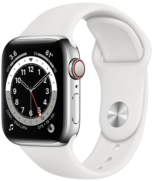 Apple Watch Series 6 Cellular, 44 мм, корпус из нержавеющей стали серебристого цвета, спортивный ремешок белого цвета (M09D3)