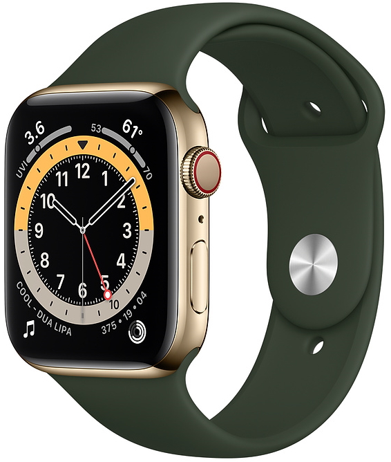Apple Watch Series 6 Cellular, 44 мм, корпус из нержавеющей стали золотого цвета, спортивный ремешок цвета «кипрский зелёный» (M09F3)