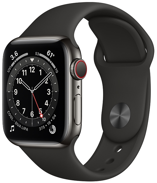 Apple Watch Series 6 Cellular, 40 мм, корпус из нержавеющей стали графитового цвета, спортивный ремешок чёрного цвета (M06X3)