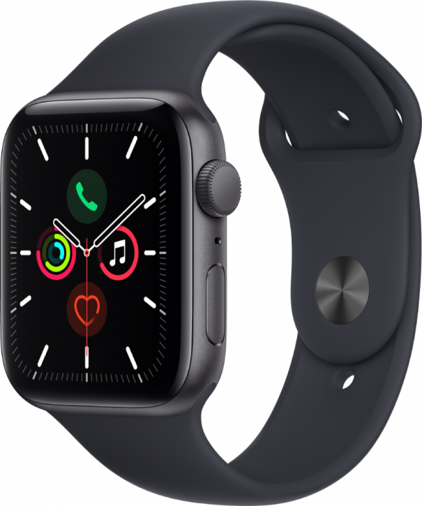 Часы Apple Watch SE, 44 мм, корпус из алюминия цвета «серый космос», спортивный ремешок цвета «тёмная ночь» (MKQ63)