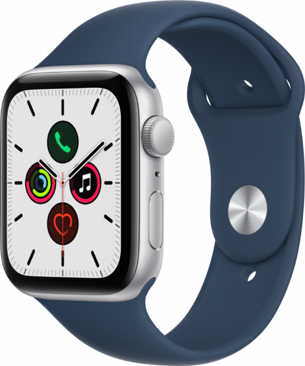 Часы Apple Watch SE, 44 мм, корпус из алюминия серебристого цвета, спортивный ремешок синего цвета (MKQ43)