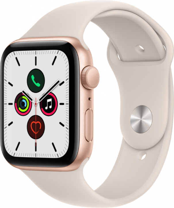 Часы Apple Watch SE, 44 мм, корпус из алюминия золотого цвета, спортивный ремешок цвета «Сияющая звезда» (MKQ53)