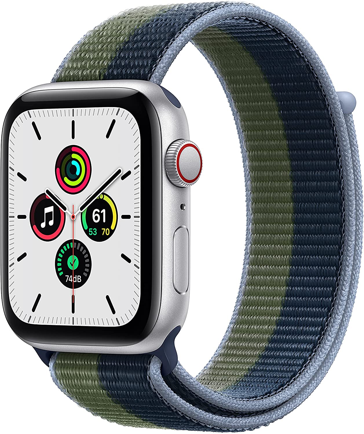Часы Apple Watch SE Cellular, 44 мм, корпус из алюминия серебристого цвета, спортивный ремешок сине-зелёного цвета (MKRM3)