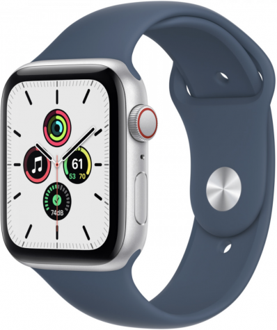 Часы Apple Watch SE Cellular, 44 мм, корпус из алюминия серебристого цвета, спортивный ремешок синего цвета (MKRJ3)