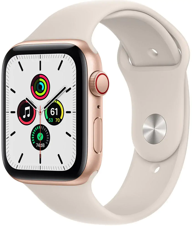 Часы Apple Watch SE Cellular, 44 мм, корпус из алюминия золотого цвета, спортивный ремешок цвета «Сияющая звезда» (MKRP3)
