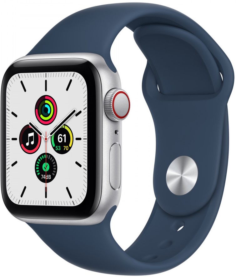 Часы Apple Watch SE Cellular, 40 мм, корпус из алюминия серебристого цвета, спортивный ремешок синего цвета (MKQL3)