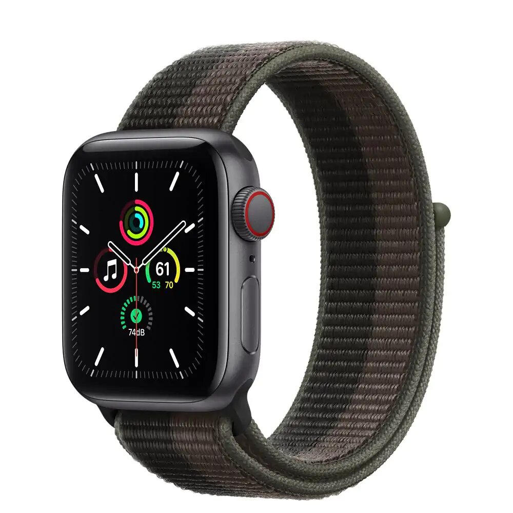 Часы Apple Watch SE Cellular, 40 мм, корпус из алюминия цвета «серый космос», спортивный браслет «Сумрачный торнадо/серый» (MKQR3)
