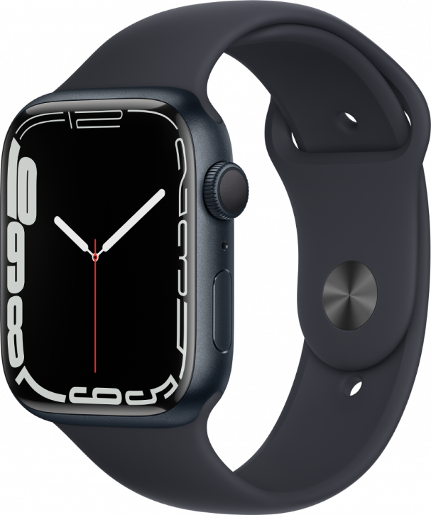 Часы Apple Watch Series 7, 45 мм, корпус из алюминия цвета «тёмная ночь», спортивный ремешок цвета «тёмная ночь» (MKN53)