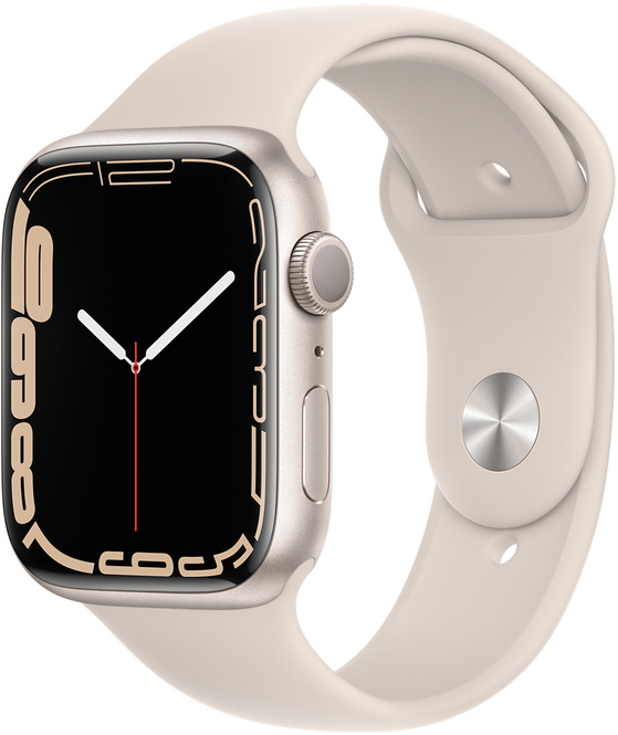 Часы Apple Watch Series 7, 45 мм, корпус из алюминия цвета «сияющая звезда», спортивный ремешок цвета «сияющая звезда» (MKN63)